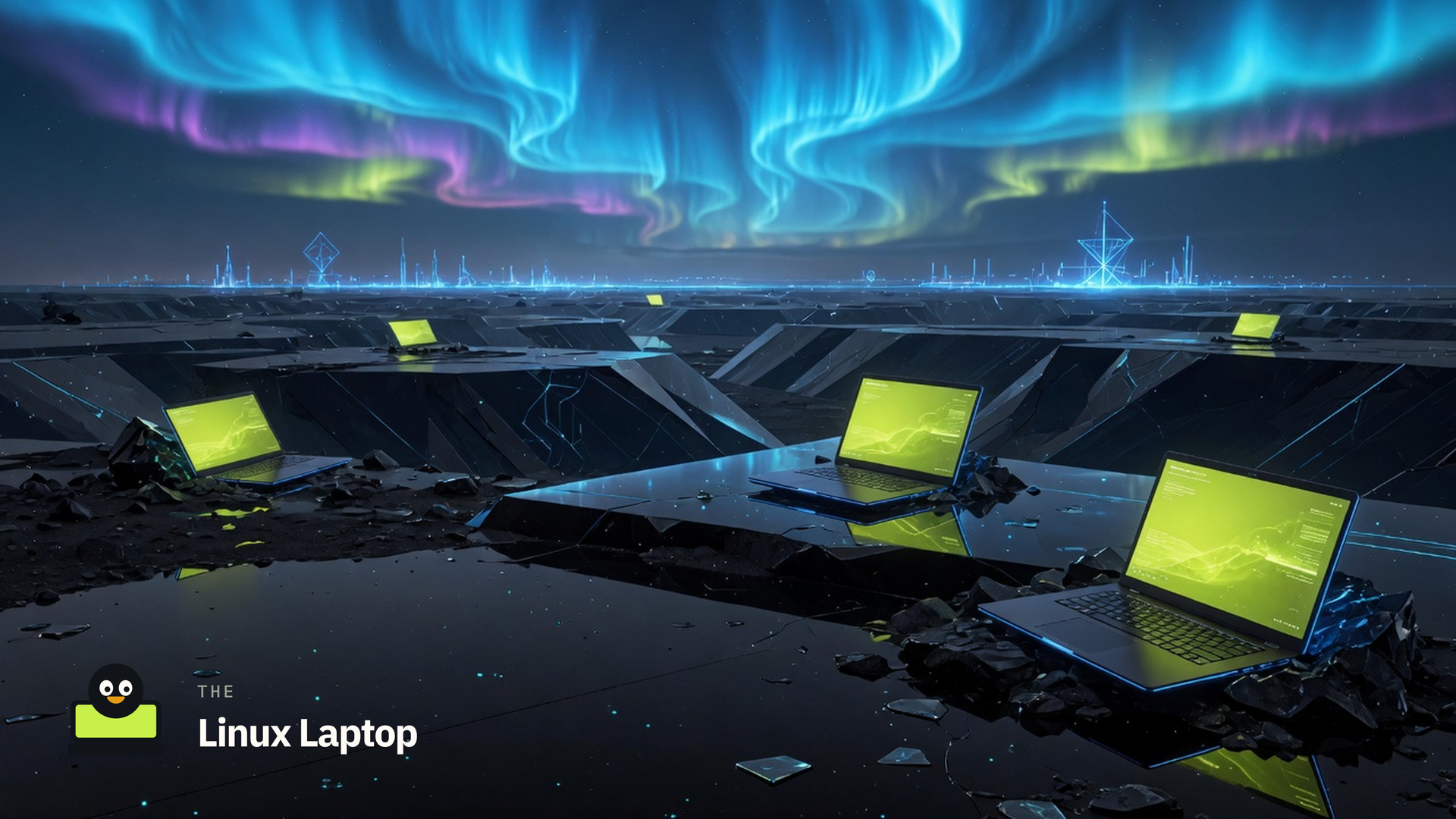 Aurora wallpaper: lime-screen laptops on a dark-blue futuristic plain