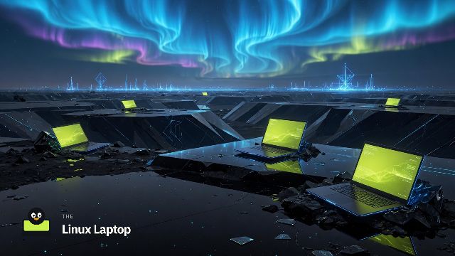 Aurora wallpaper: lime-screen laptops on a dark-blue futuristic plain