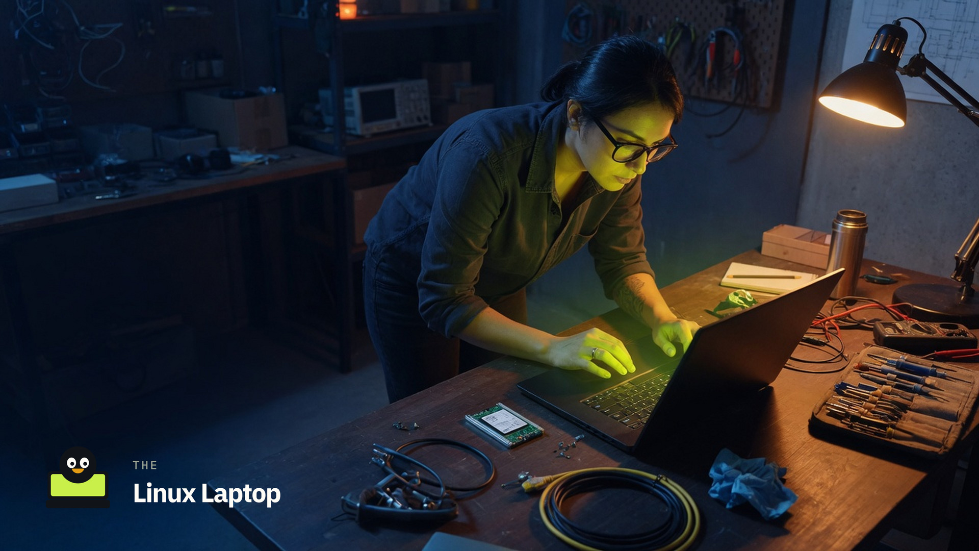 Engineer testing a laptop at a workshop bench under lime screen light, The Linux Laptop mark in the corner