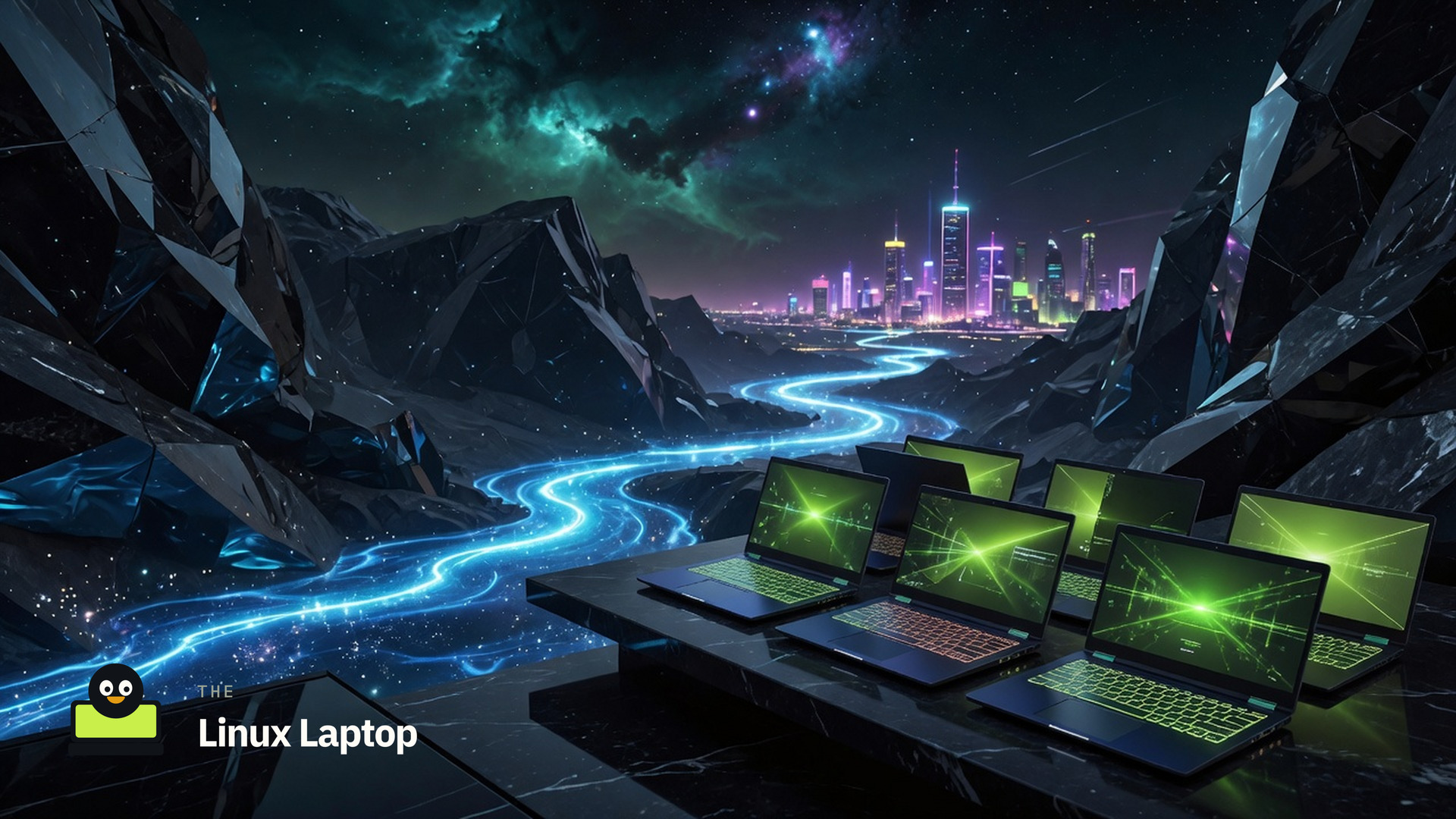 Futuristic canyon and city at night with a row of lime-screen laptops and The Linux Laptop mark