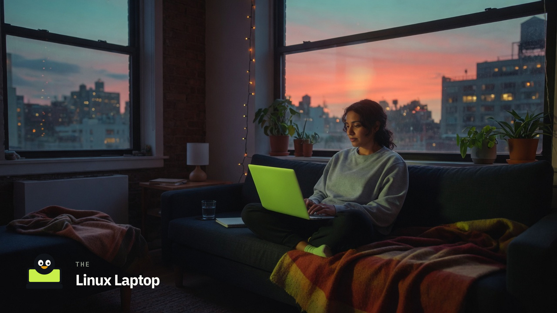 Person on a sofa with a laptop at dusk, coral sky in the window, The Linux Laptop mark in the corner