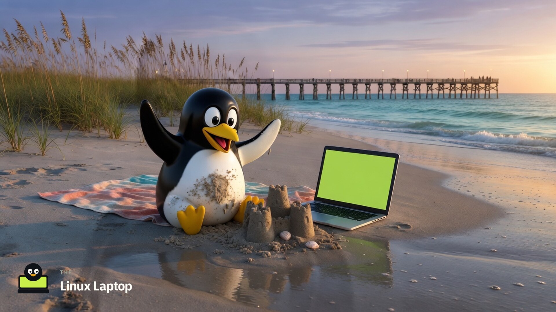 Tux the Linux penguin building a sandcastle on an Atlantic beach at sunset, a laptop with a lime-green screen on a towel, The Linux Laptop mark in the corner