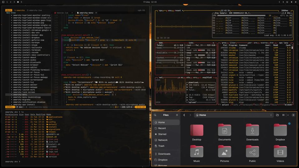 Omarchy desktop in the Matte Black theme: tiled terminal, system monitors, and files on a warm dark palette