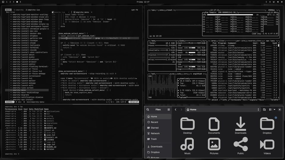 Omarchy desktop in the Vantablack theme: tiled Neovim, btop, and a file manager on a near-black grey palette