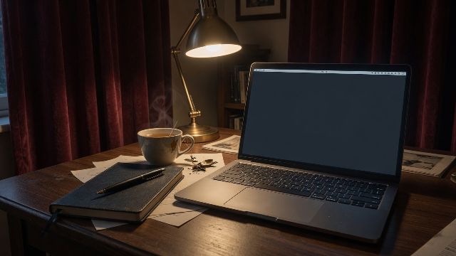 A quiet desk and a laptop with a simple, empty desktop