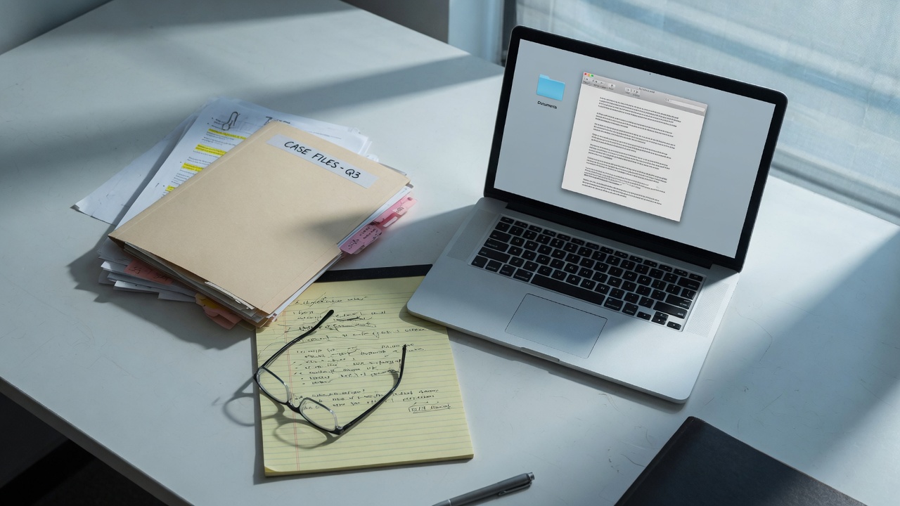 A professional desk with files and a laptop, work staying on the machine