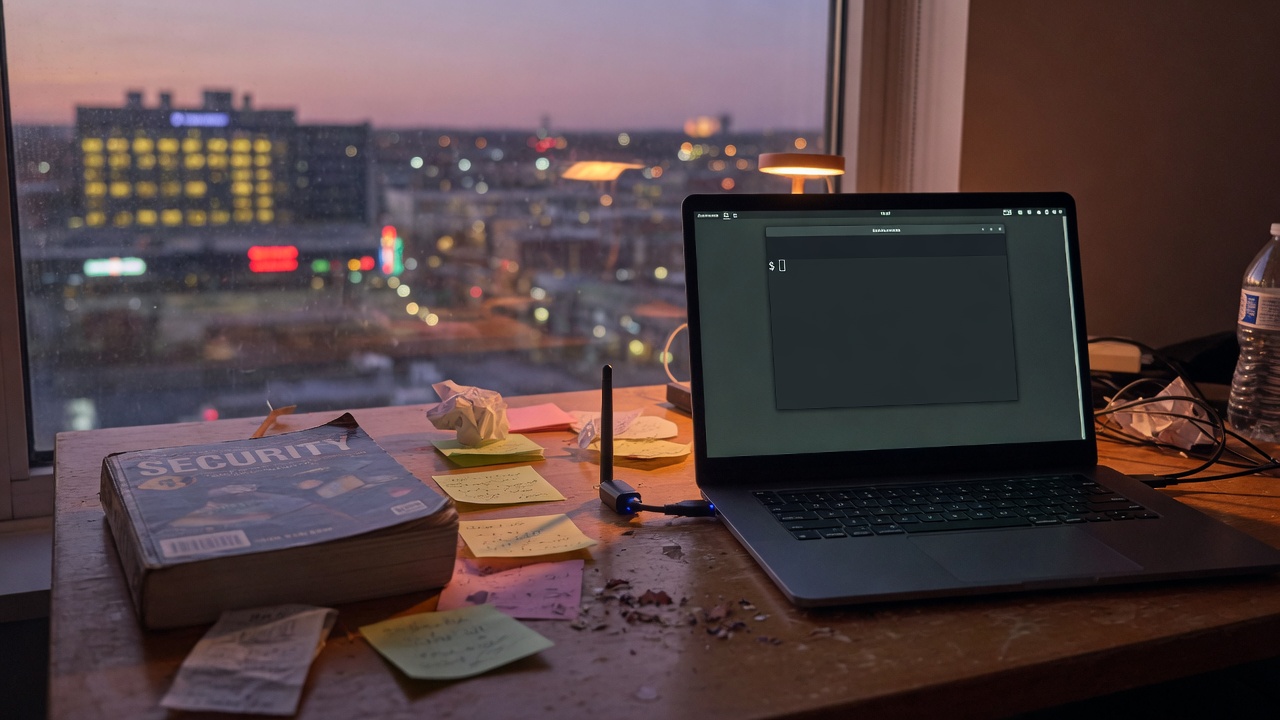 A student desk at dusk with a Linux laptop, a security textbook, and notes