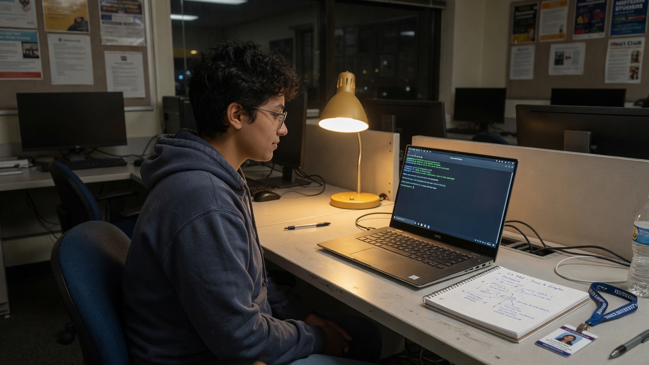 A college student at a campus lab desk with a Linux laptop and coursework notes