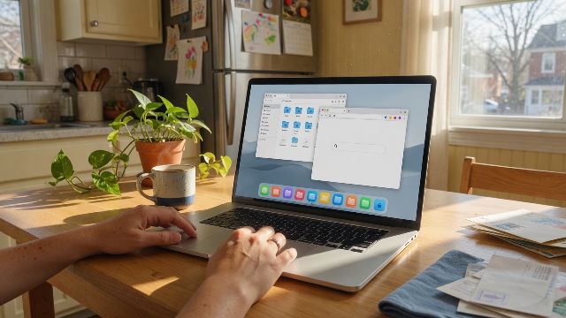 Opening a new laptop at the kitchen table, Linux already on the screen
